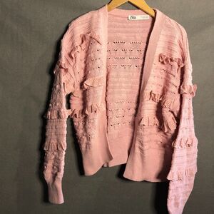 zara structured knit jacket small s m pink ruffled knitted ruffled to